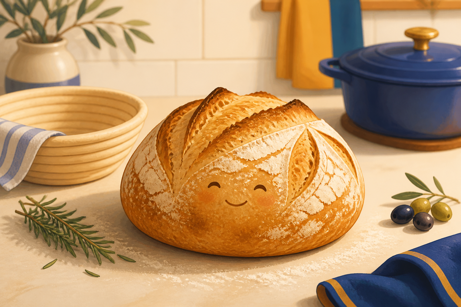 Cartoon sourdough loaf on a kitchen counter with rosemary, olives, a banneton, and a blue Dutch oven.
